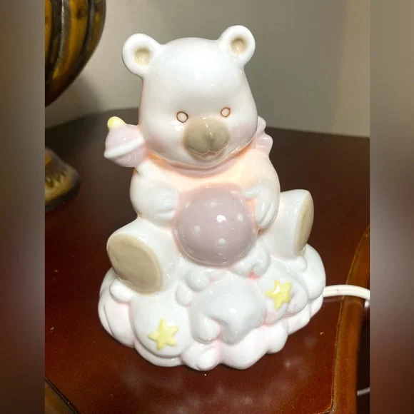 NURSERY NIGHT LIGHT CERAMIC BEAR ON CLOUD with RATTLE & BALL Decoration - Picture 3 of 11
